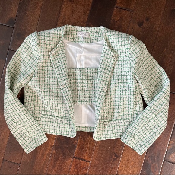 WAYF Tweed Cropped Blazer + Bralette Set Green and Cream Size Small - Picture 1 of 15